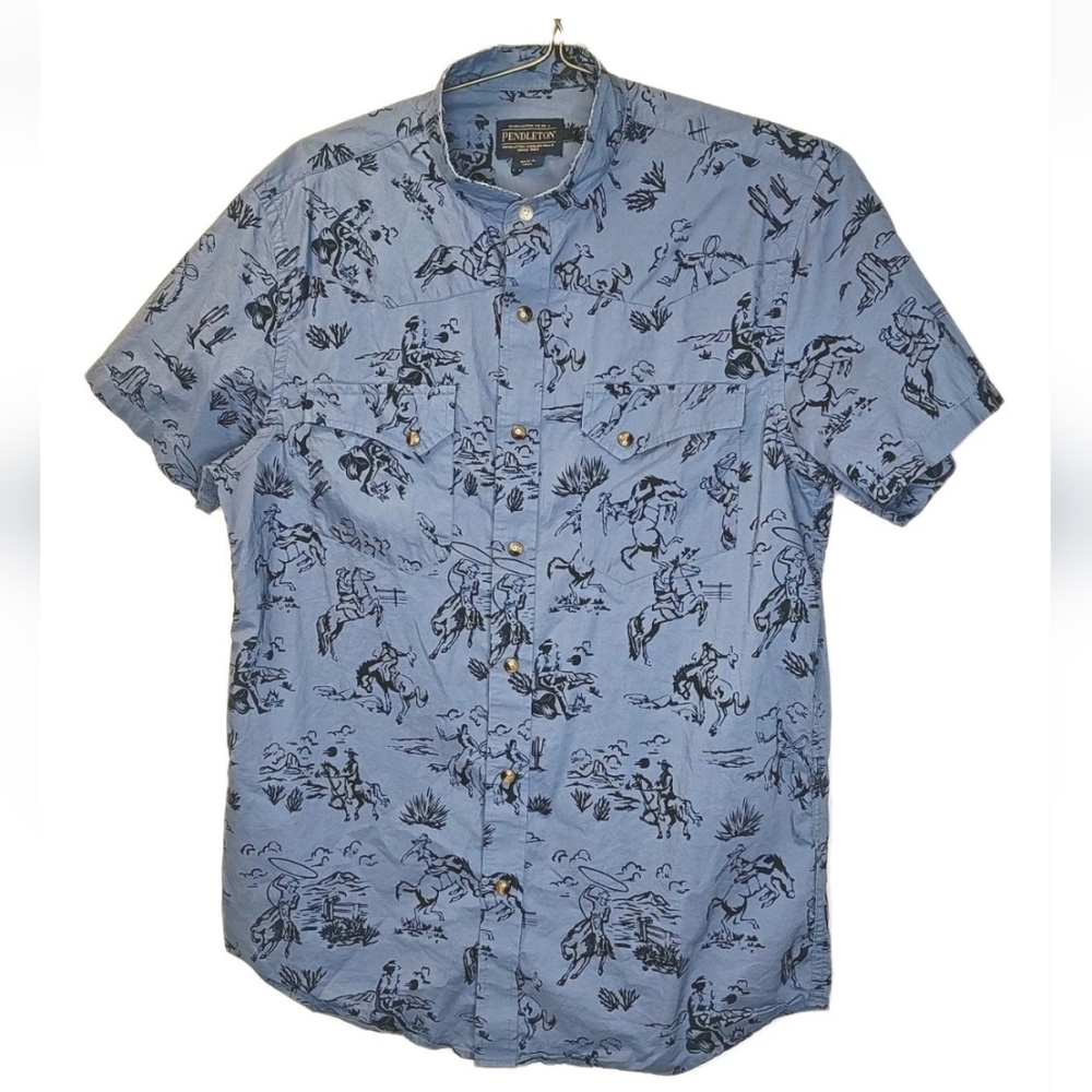 Pendleton Laramie Pearl Snap Shirt Sz Med Blue Western Old West Rodeo Cowboy AOP